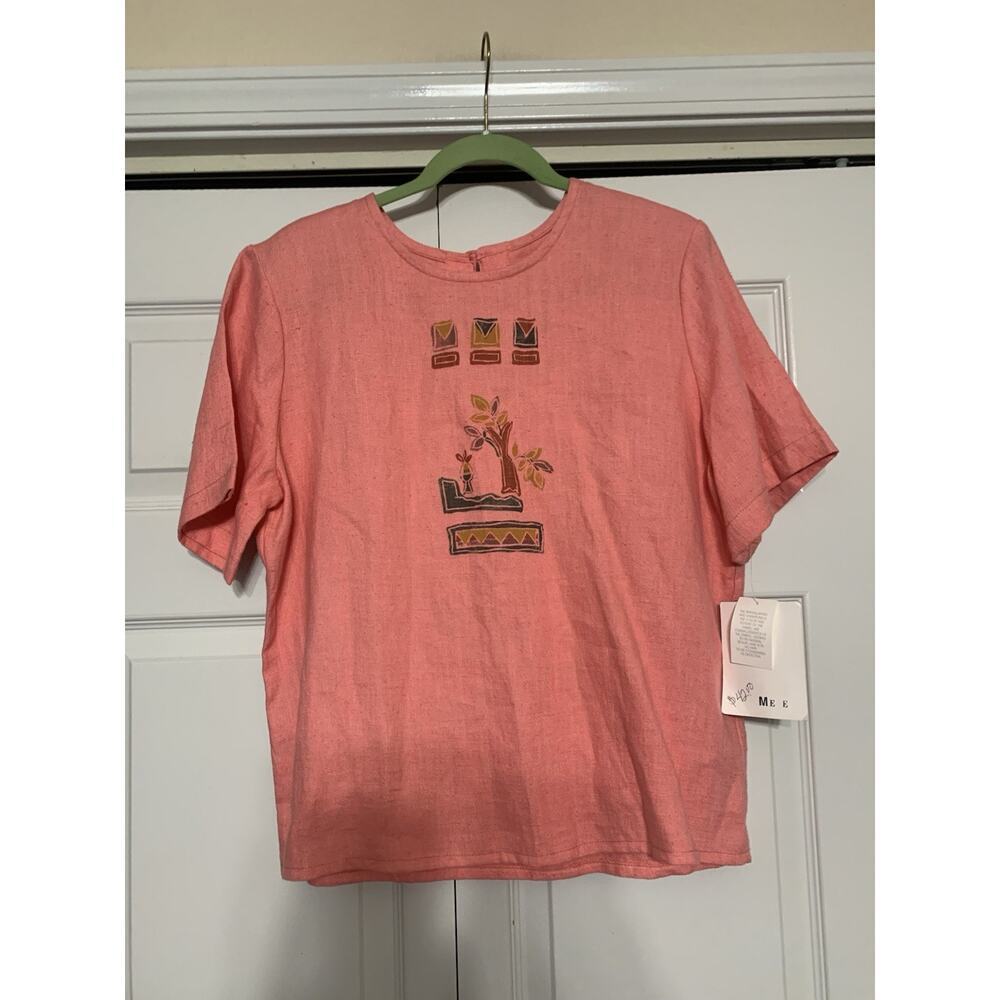 Vintage 80’s NWT Nancy Bolen City‎ Girl 100% Linen Blouse Top M With Print